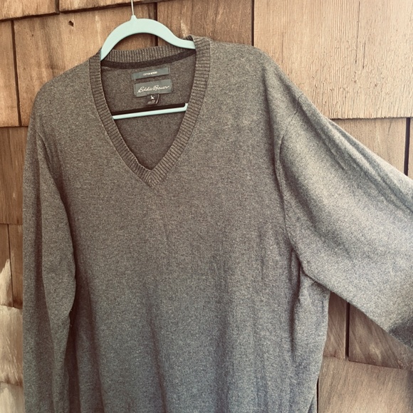 Eddie Bauer Sweater Mens TXL Olive Brown Cotton Merino Blend Fine Knit V-neck - Picture 4 of 14